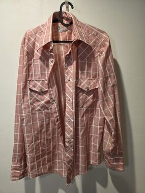 Vintage Bronco Authentic Western Shirt Pink Plaid Pearl Snap M 1960s 70s Cowboy